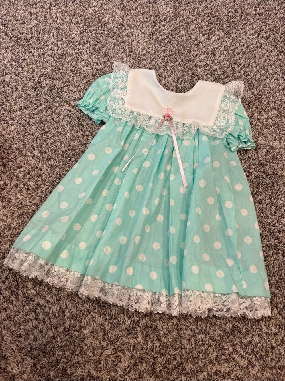 Vintage Mint Polka Dot Lace-Trim Girls' Dress